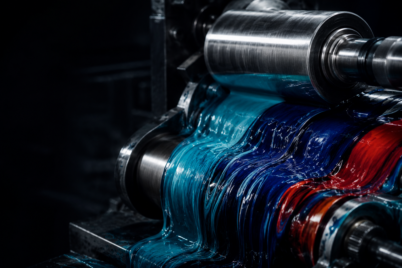 Rich printing ink moving through industrial rollers